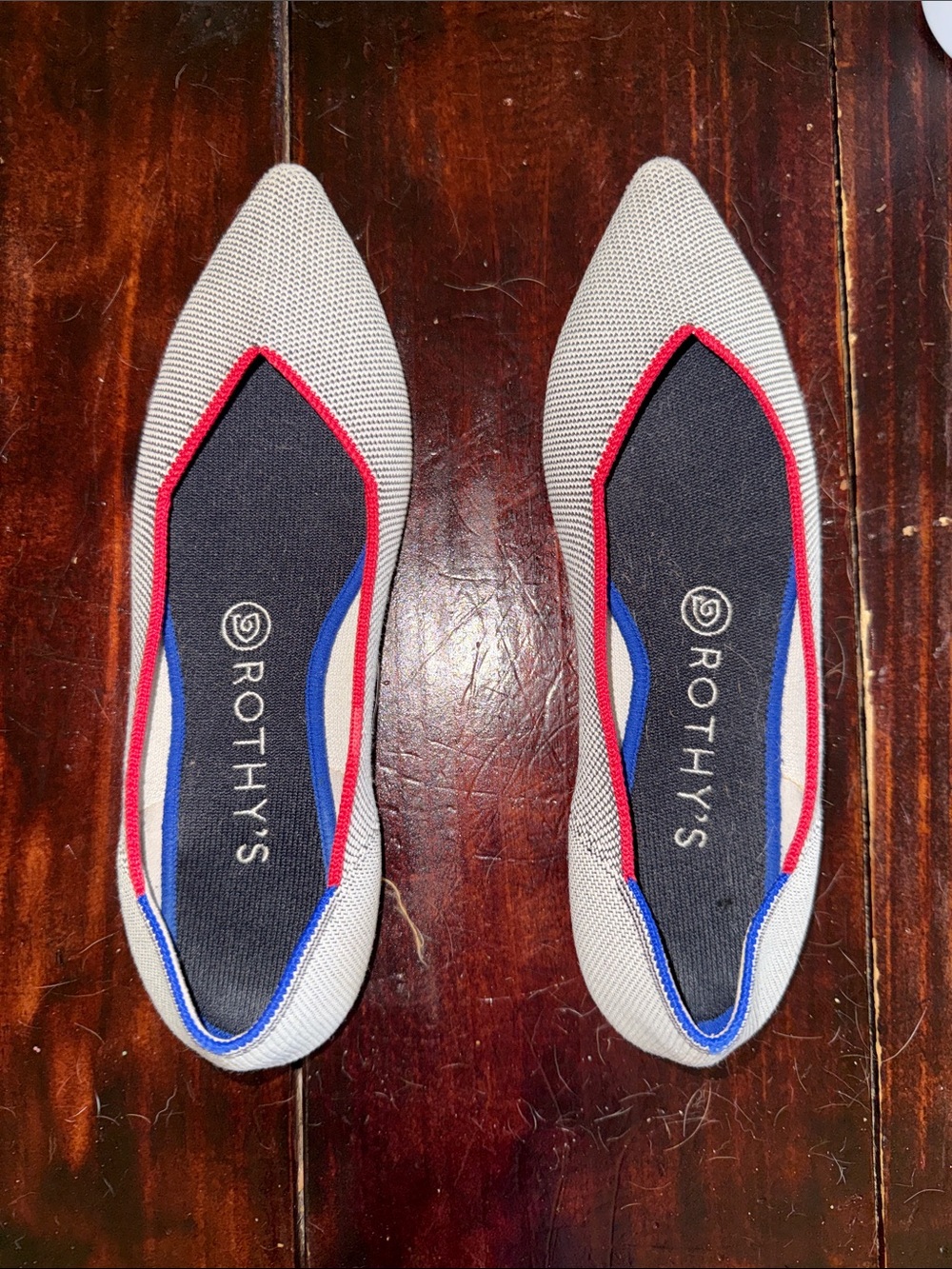 Rothy's Pointed Knit Flats in Light Gray with Red & Blue Trim